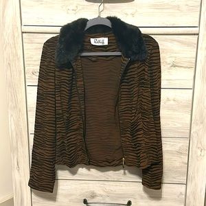 Brown/Black Striped Jacket with Black Fur Neck